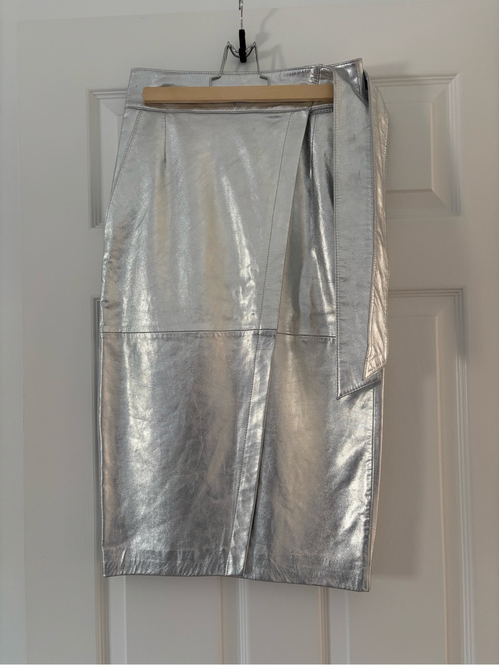 ba&sh Faye Metallic Silver Wrap-Front Pencil Skirt